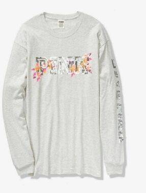 Victoria's Secret PINK Gray Longsleeve tshirt with Floral Applique Sequin Top